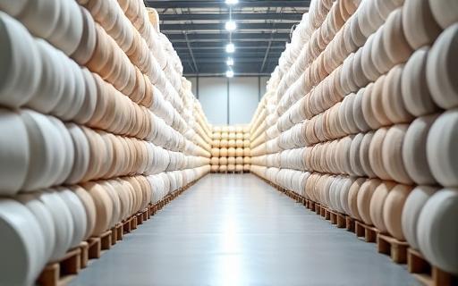 Textile rolls in a warehouse